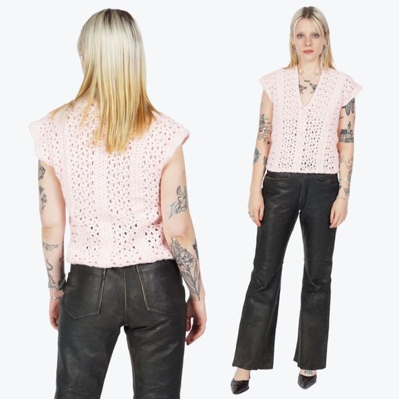 VINTAGE Pink Knitted Crochet V-Neck Vest - Picture 2 of 3